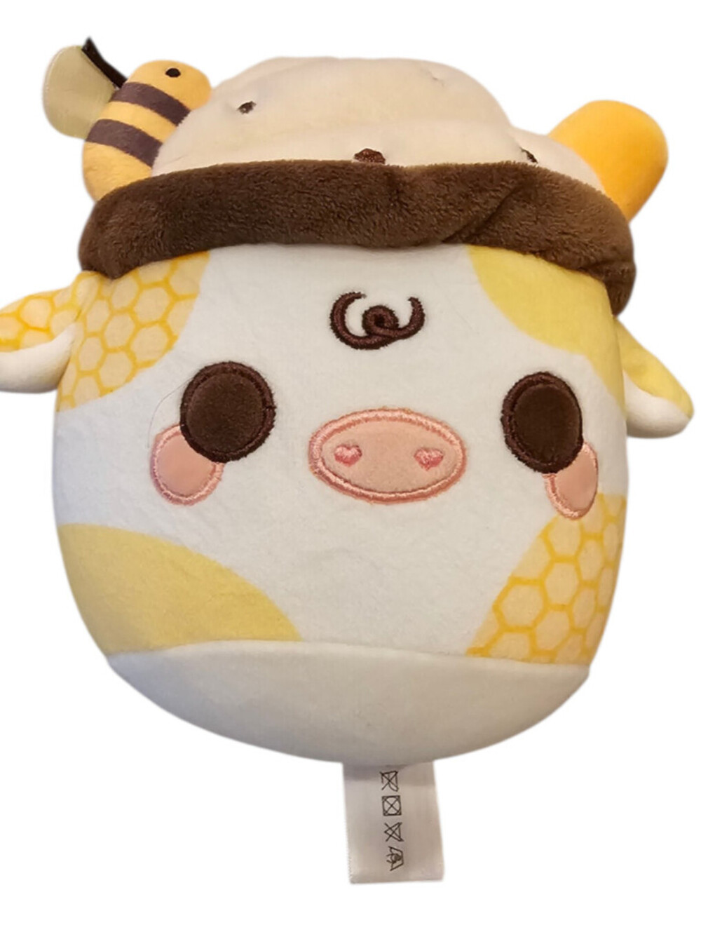 Squishmaloows yellow and white honeycomb-themed cow w/ Bee Cuddle Barn